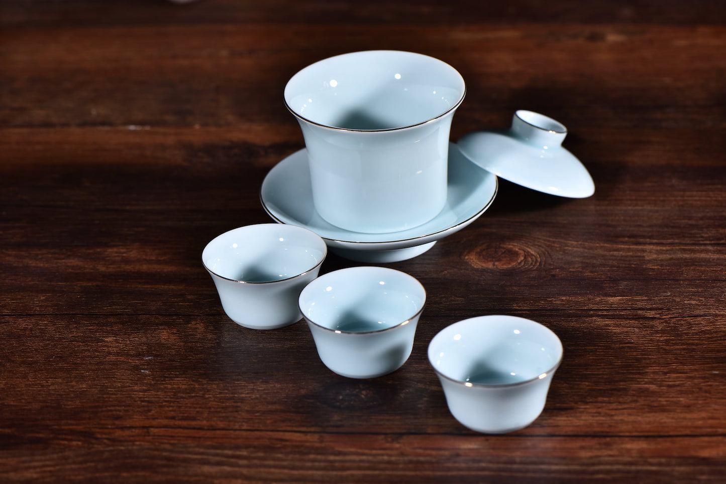 "Silver Lining" Porcelain Gaiwan with Matching Cups and Cloth Carrier Bag